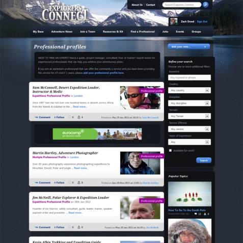 Screenshot of the Social Network for Explorers website